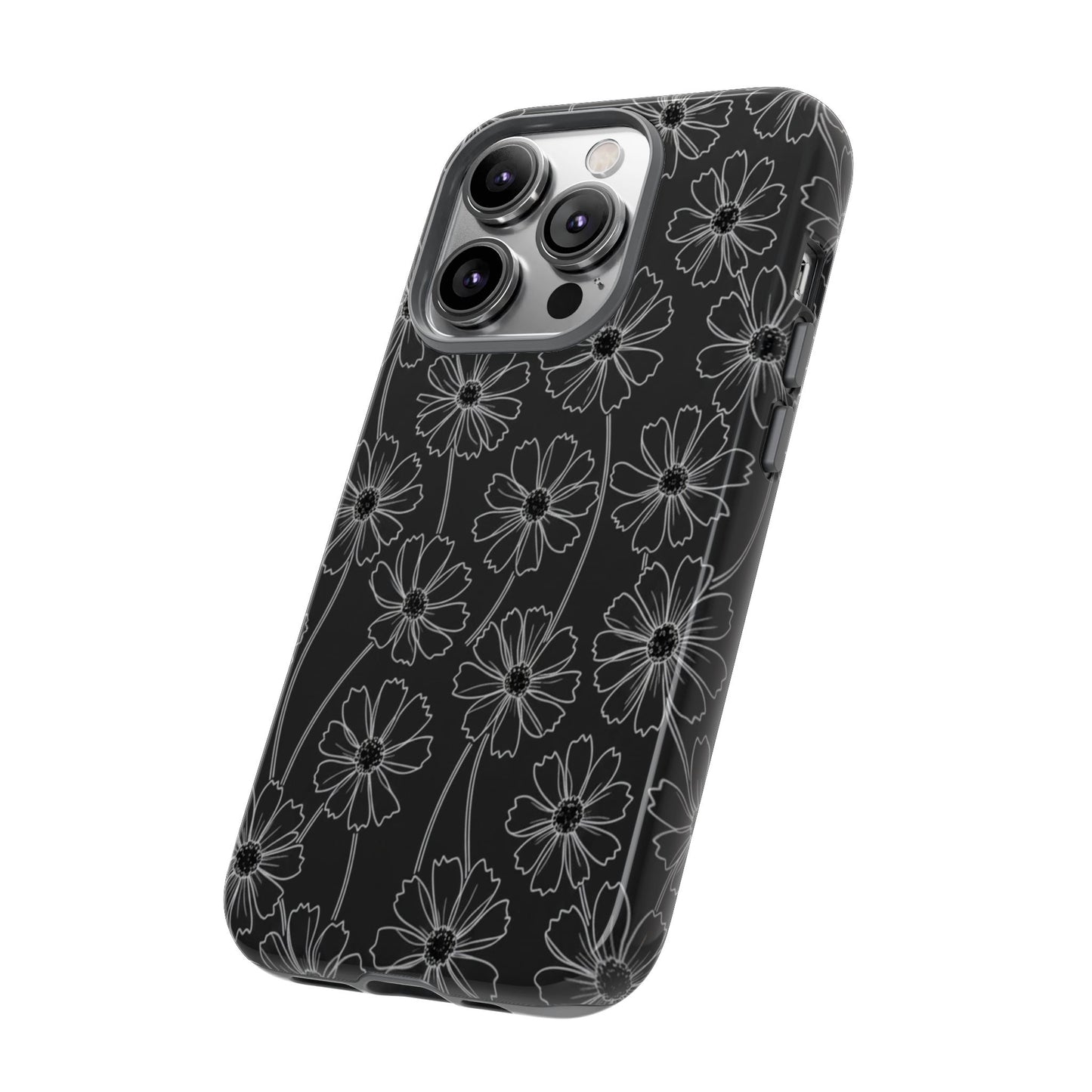 Floral Doodle Tough Phone Case — Black & Gray Daisy Pattern