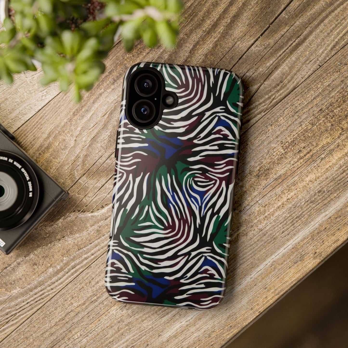 Zebra Camo Tough Phone Case – Green & Blue Animal Print Protective Cover