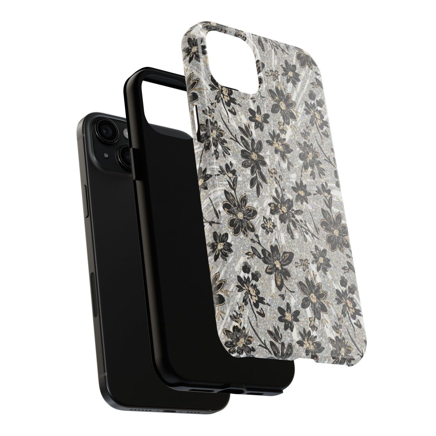 Floral Vintage Tough Phone Case — Black & Gray Rustic Flower Protective Case