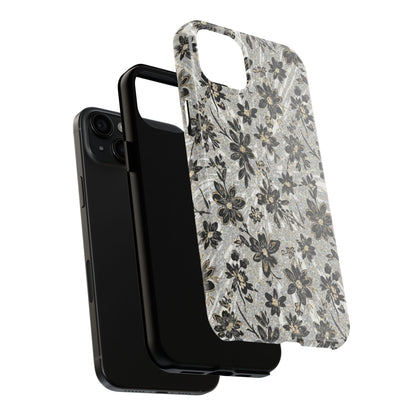 Floral Vintage Tough Phone Case — Black & Gray Rustic Flower Protective Case