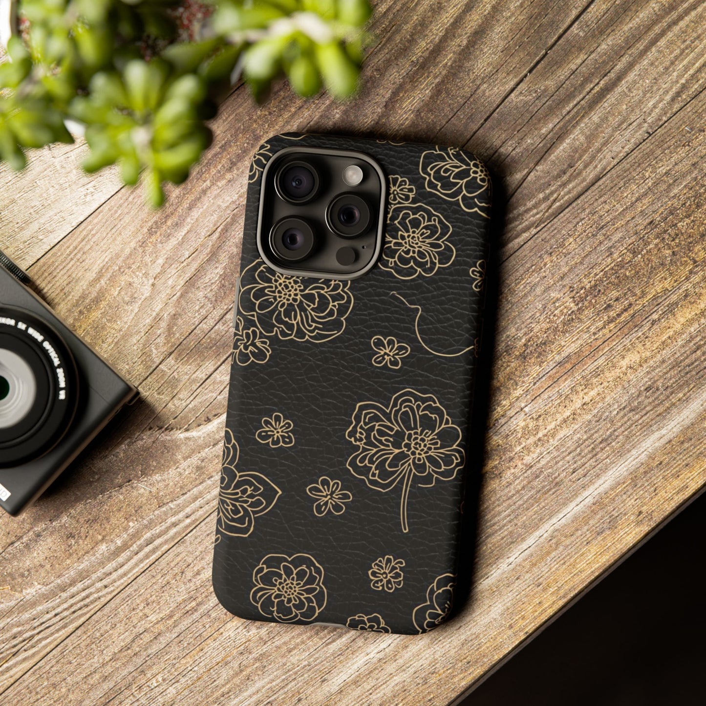 Floral Leather-Texture Tough Case – Black Gold Outline Phone Cover