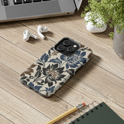 Floral Vintage Tough Phone Case — Blue & Brown Botanical Protection