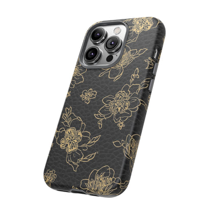 Floral Leather Phone Case — Gold Outline Flowers on Black Tough Case