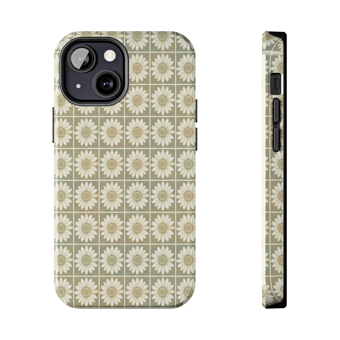 Daisy Tile Tough Phone Case — Retro Floral Protective Phone Cover