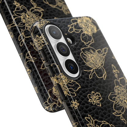 Floral Leather Phone Case — Gold Outline Flowers on Black Tough Case