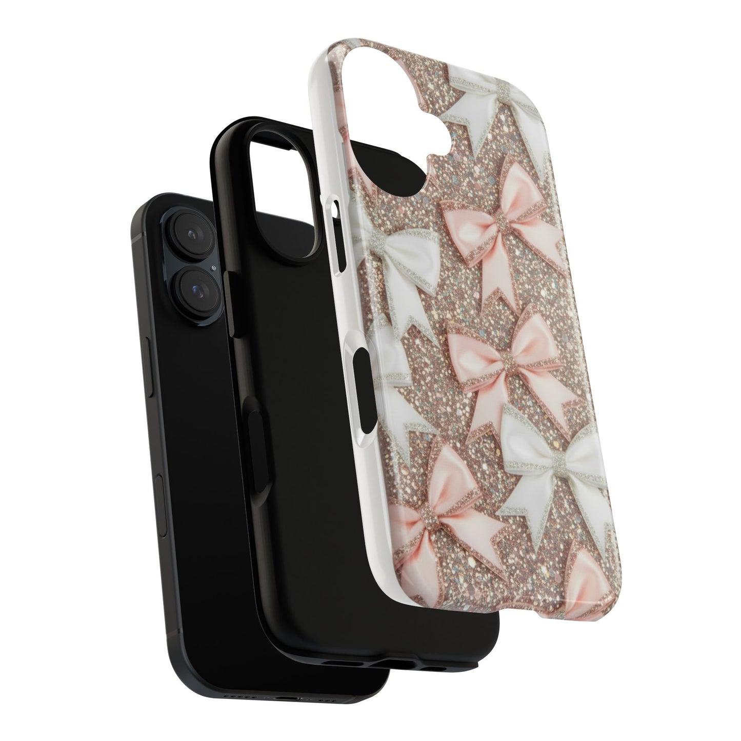Glitter Bow Tough Phone Case — Pink & White Ribbon Protective Cover