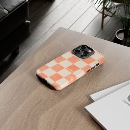 Peach Checkerboard Tough Phone Case — Retro Distressed Grid Design
