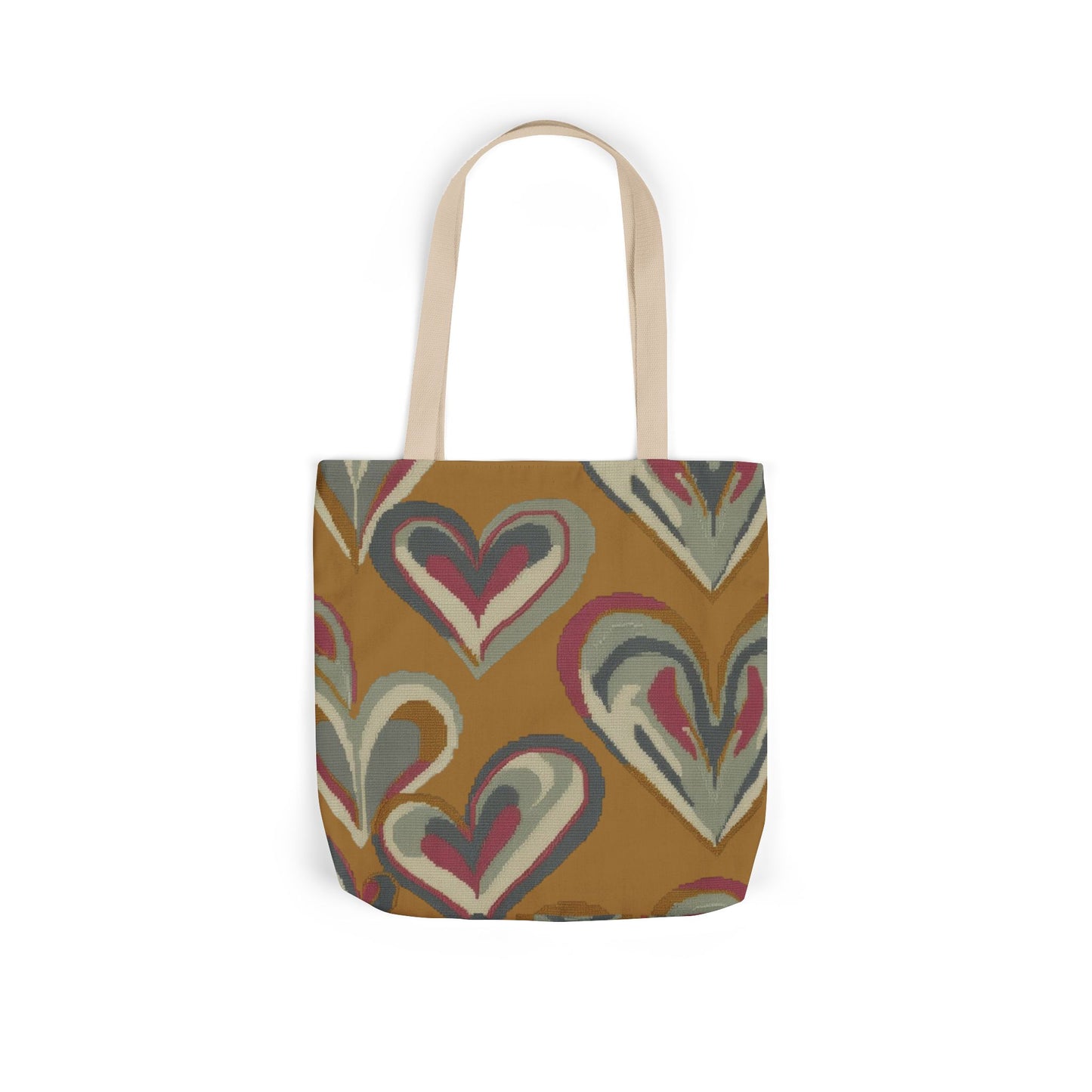 Boho Heart Canvas Tote — Retro Mustard Floral Pattern