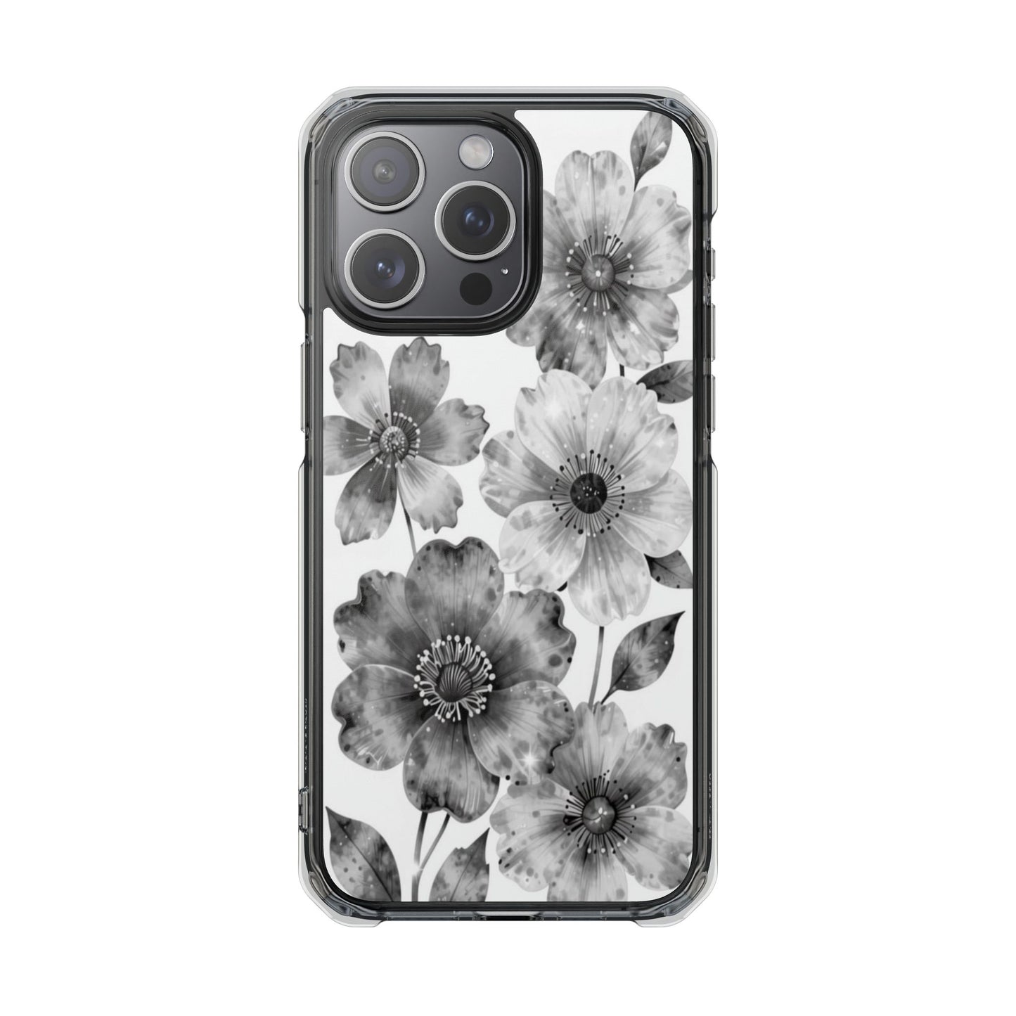Clear Magnetic Phone Case — Black & White Watercolor Floral Design