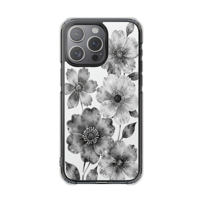 Clear Magnetic Phone Case — Black & White Watercolor Floral Design