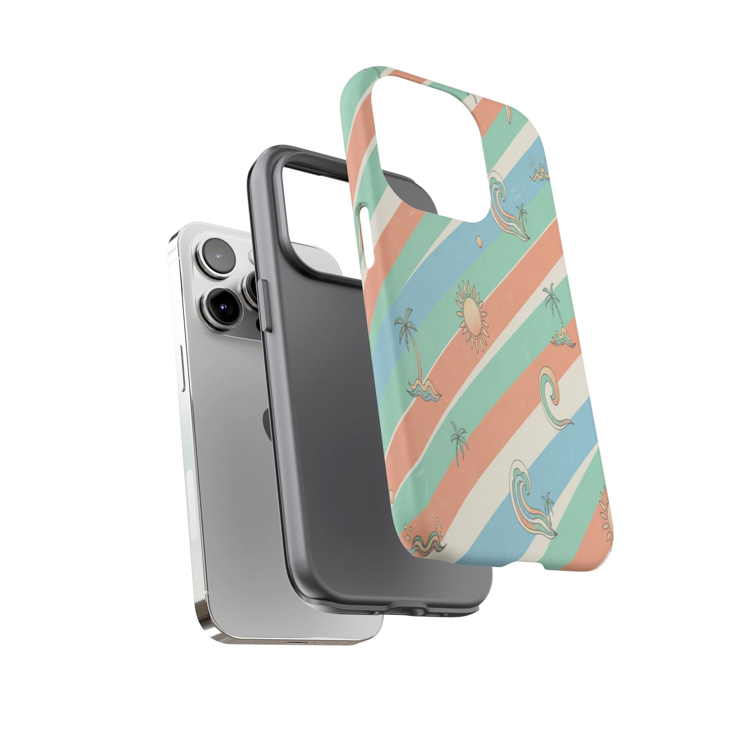 Retro Beach Stripes Phone Case — Sun, Waves & Palm Pattern Tough Case