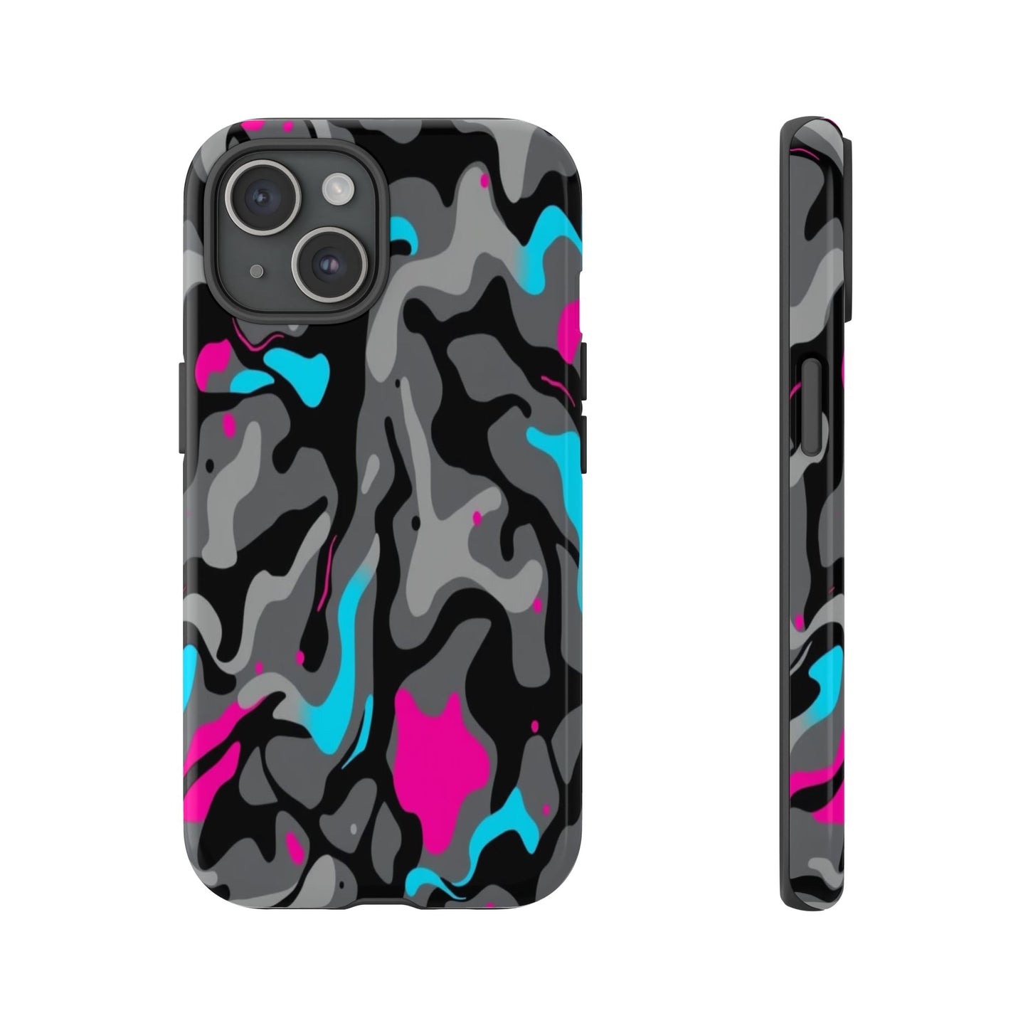 Camouflage Phone Case — Gray Camo with Neon Pink & Cyan Accent Tough Protective Cover