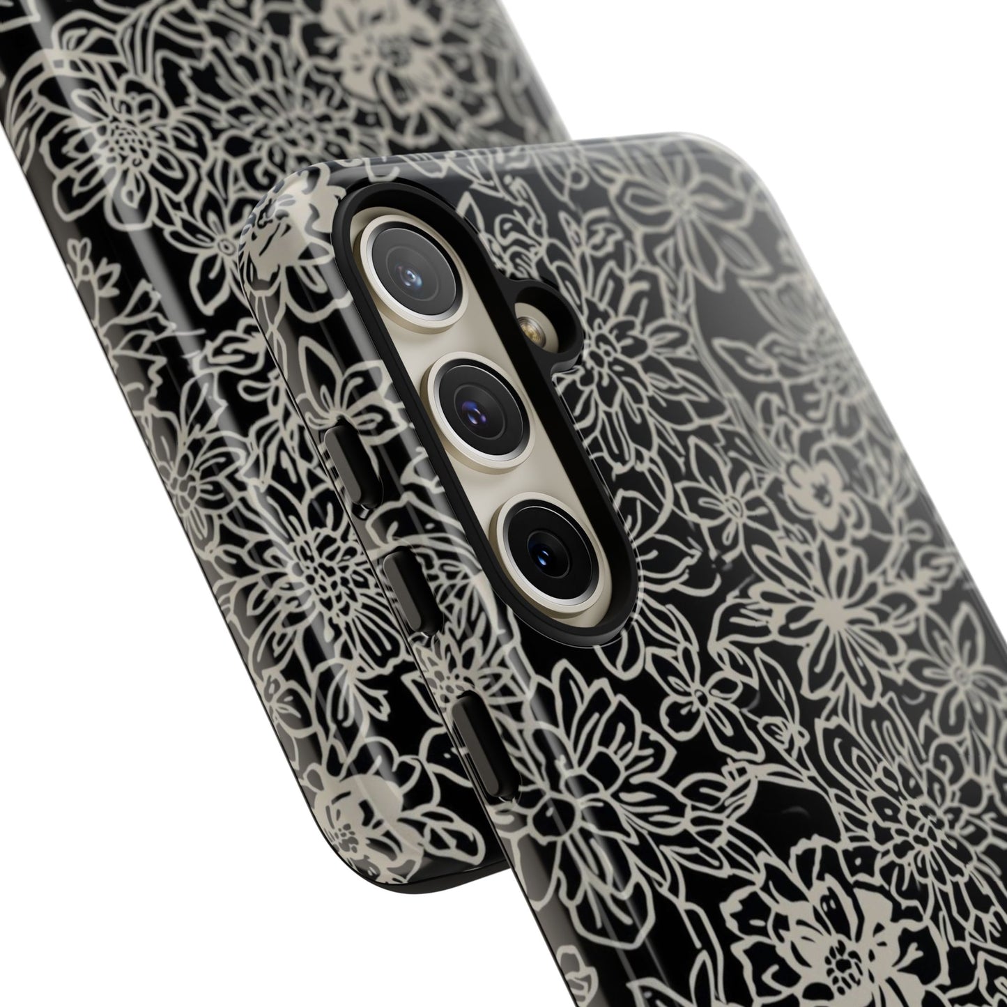Floral Doodle Tough Phone Case — Black & White Sketch Flower Protective Cover
