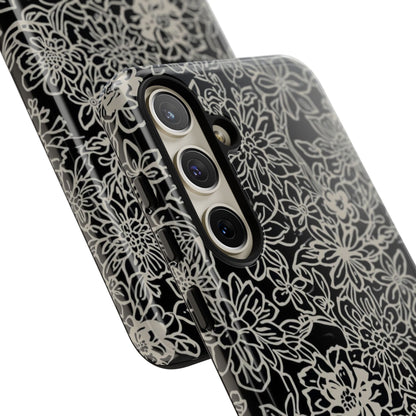 Floral Doodle Tough Phone Case — Black & White Sketch Flower Protective Cover