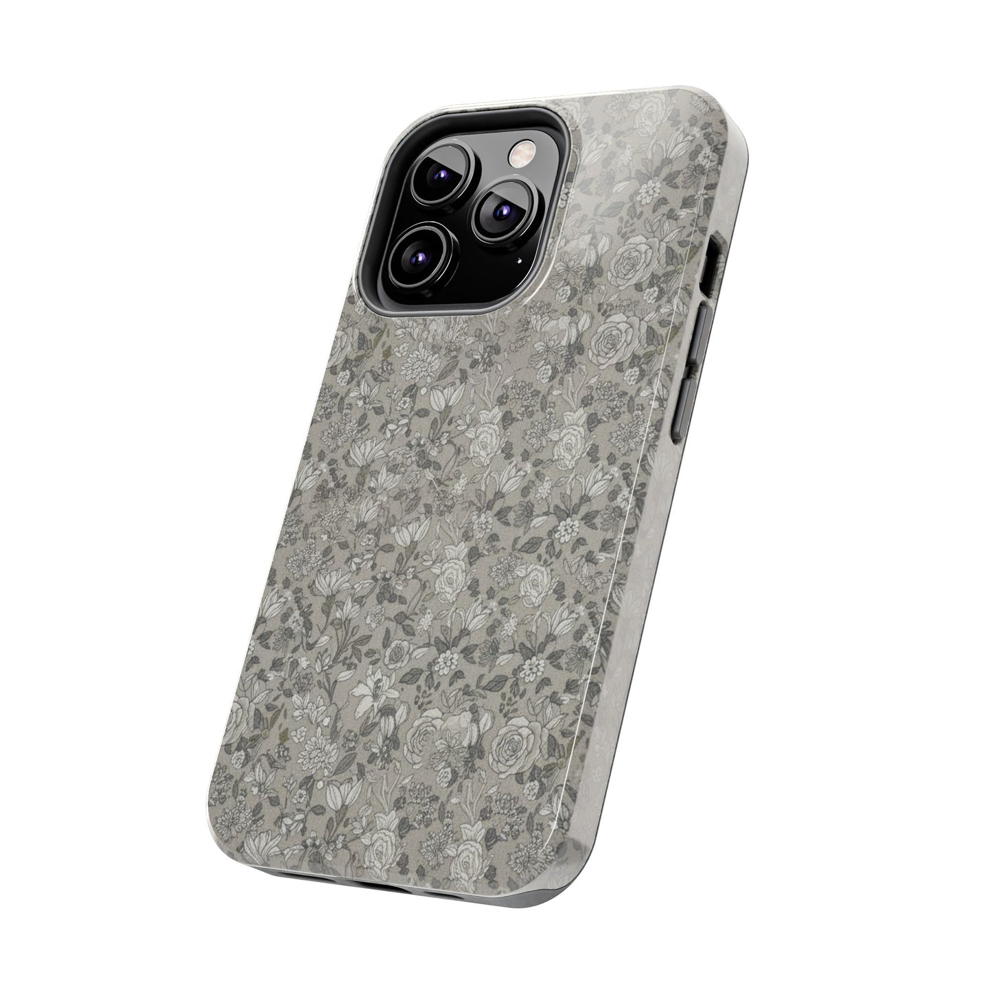 Gray Floral Tough Phone Case — Durable Protective Phone Cover with Vintage Botanical Pattern
