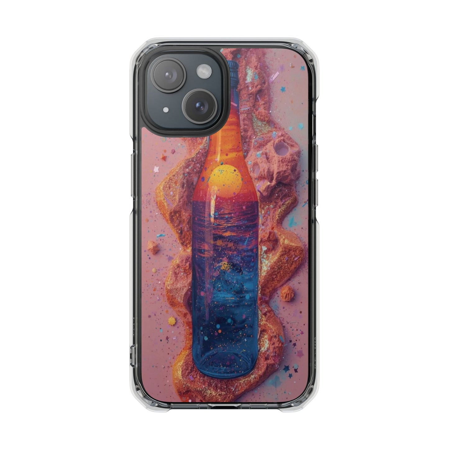 Clear Magnetic Phone Case — Cosmic Bottle Sunset Design
