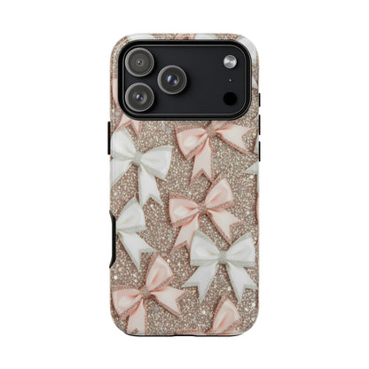 Glitter Bow Tough Phone Case — Pink & White Ribbon Protective Cover