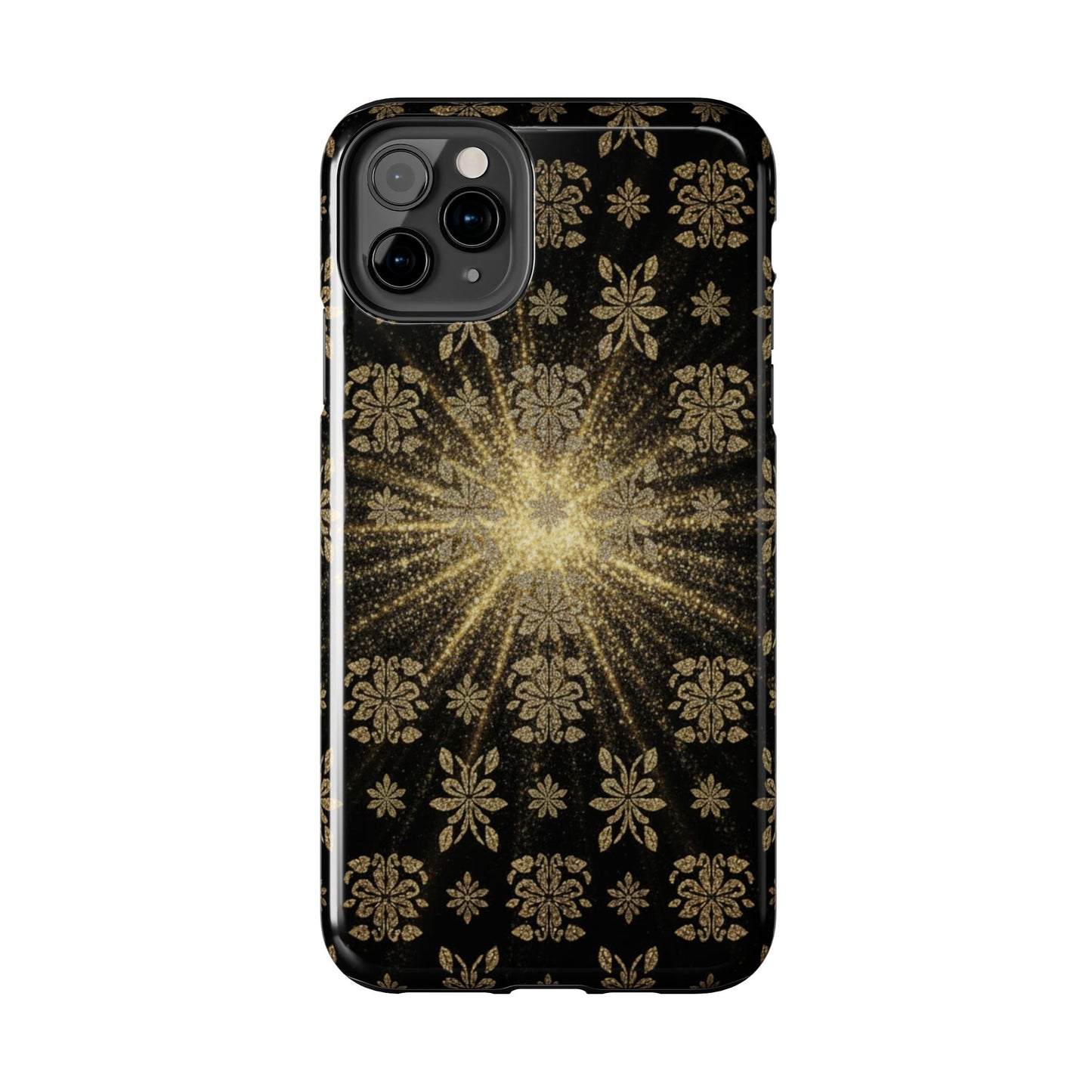 Glitter Burst Tough Phone Case — Black & Gold Floral Protective Cover
