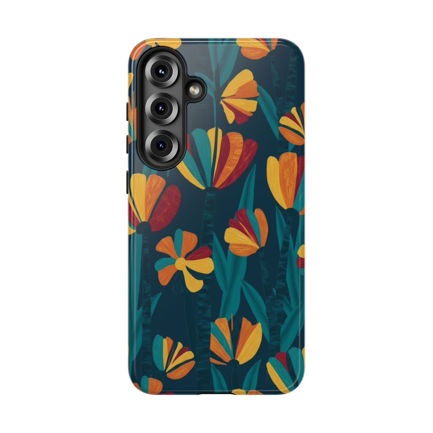 Floral Retro Teal Tough Phone Case — Vibrant Orange & Mustard Blooms