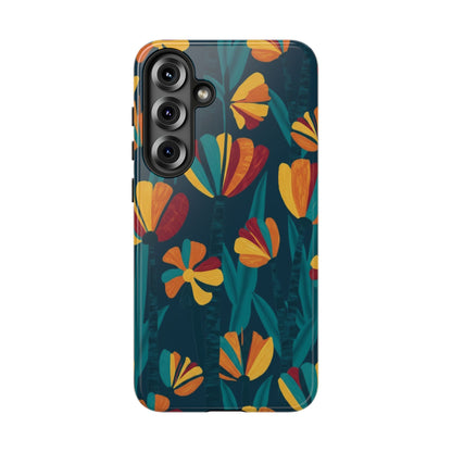 Floral Retro Teal Tough Phone Case — Vibrant Orange & Mustard Blooms