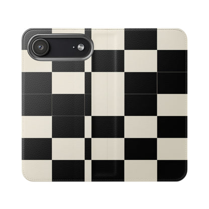 Checkered Flip Phone Case – Black & Cream Retro Grid Wallet Case