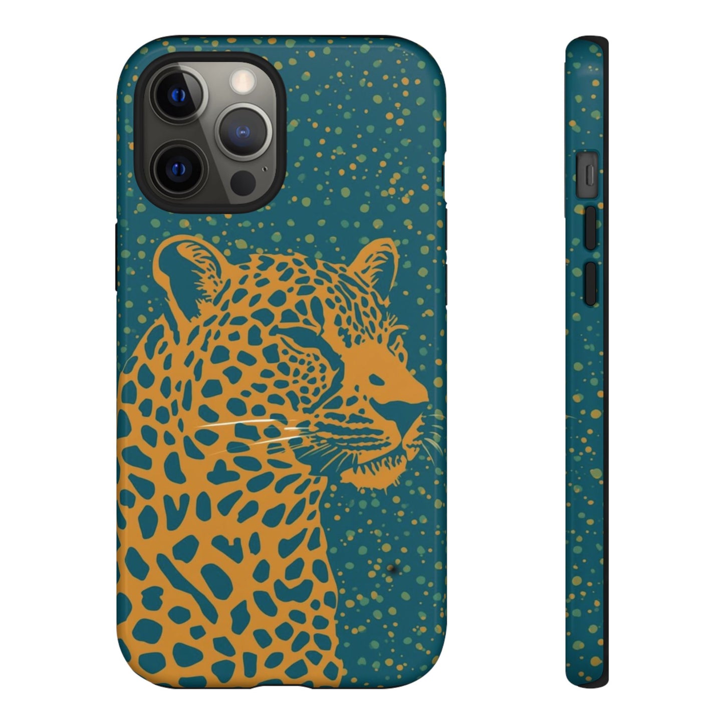Leopard Print Tough Phone Case — Gold Panther on Teal, Protective iPhone Cover