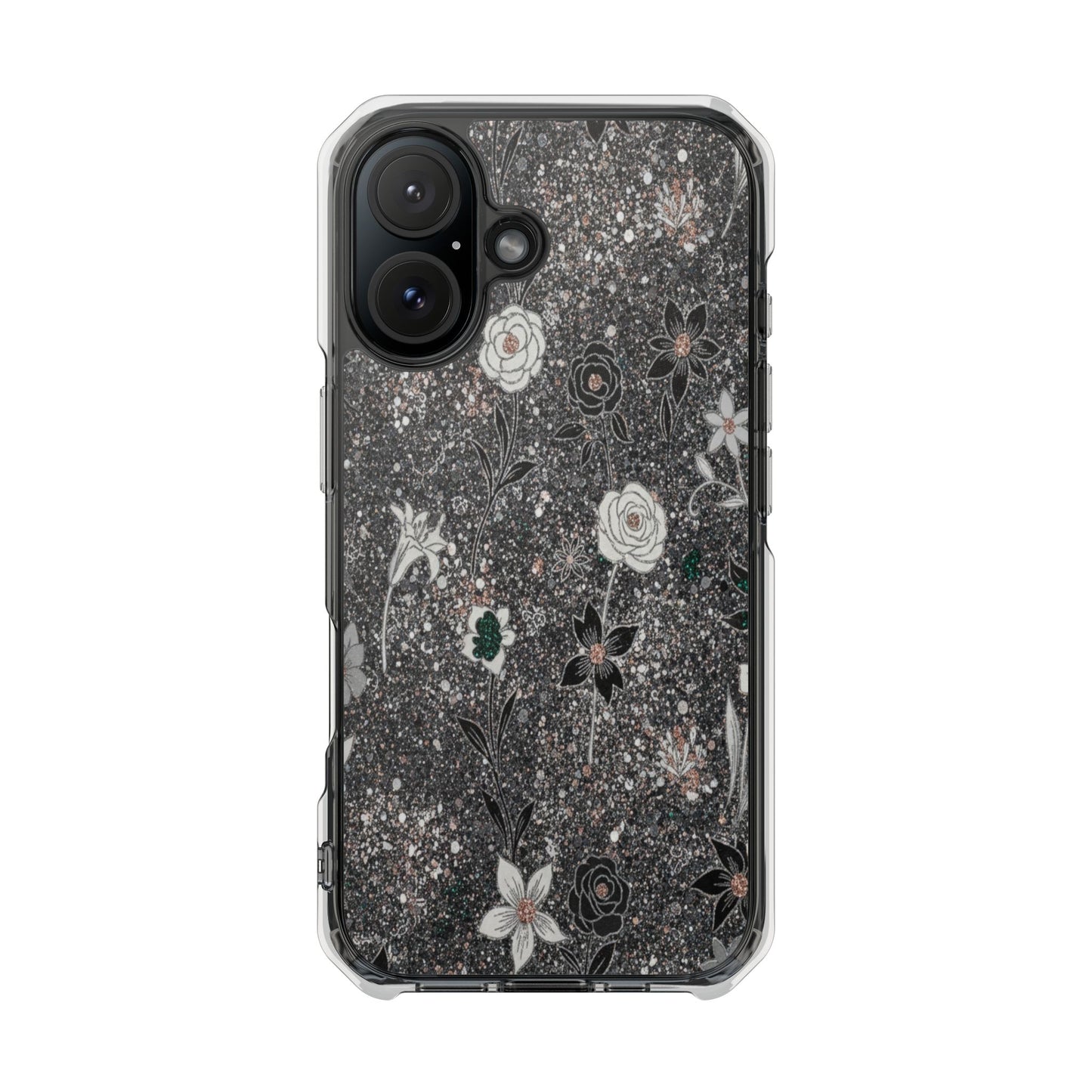 Clear Floral Glitter Magnetic Phone Case — Protective Impact Case with Rose & Daisy Design