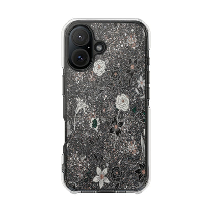 Clear Floral Glitter Magnetic Phone Case — Protective Impact Case with Rose & Daisy Design