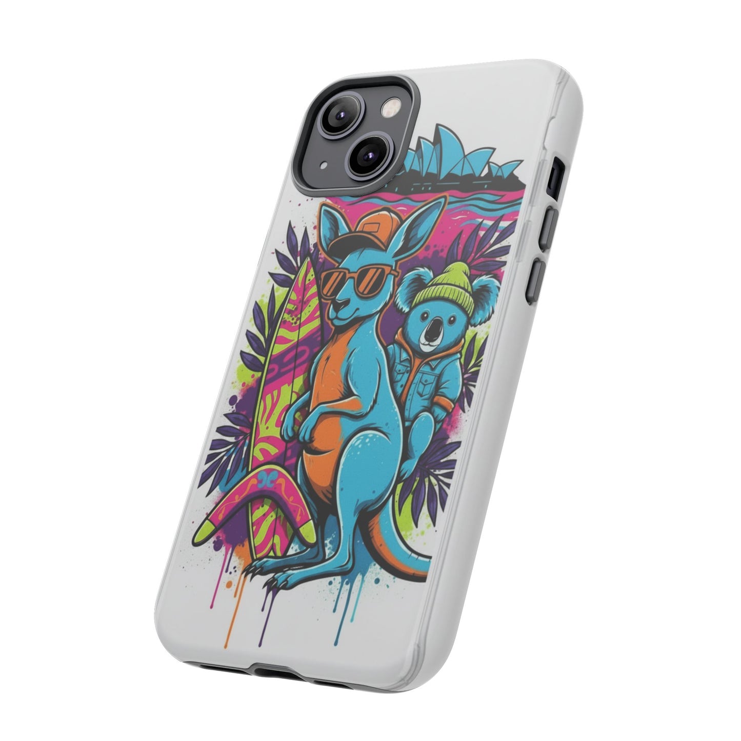 Kangaroo & Koala Surf Phone Case — Retro Neon Beach Art Tough Case