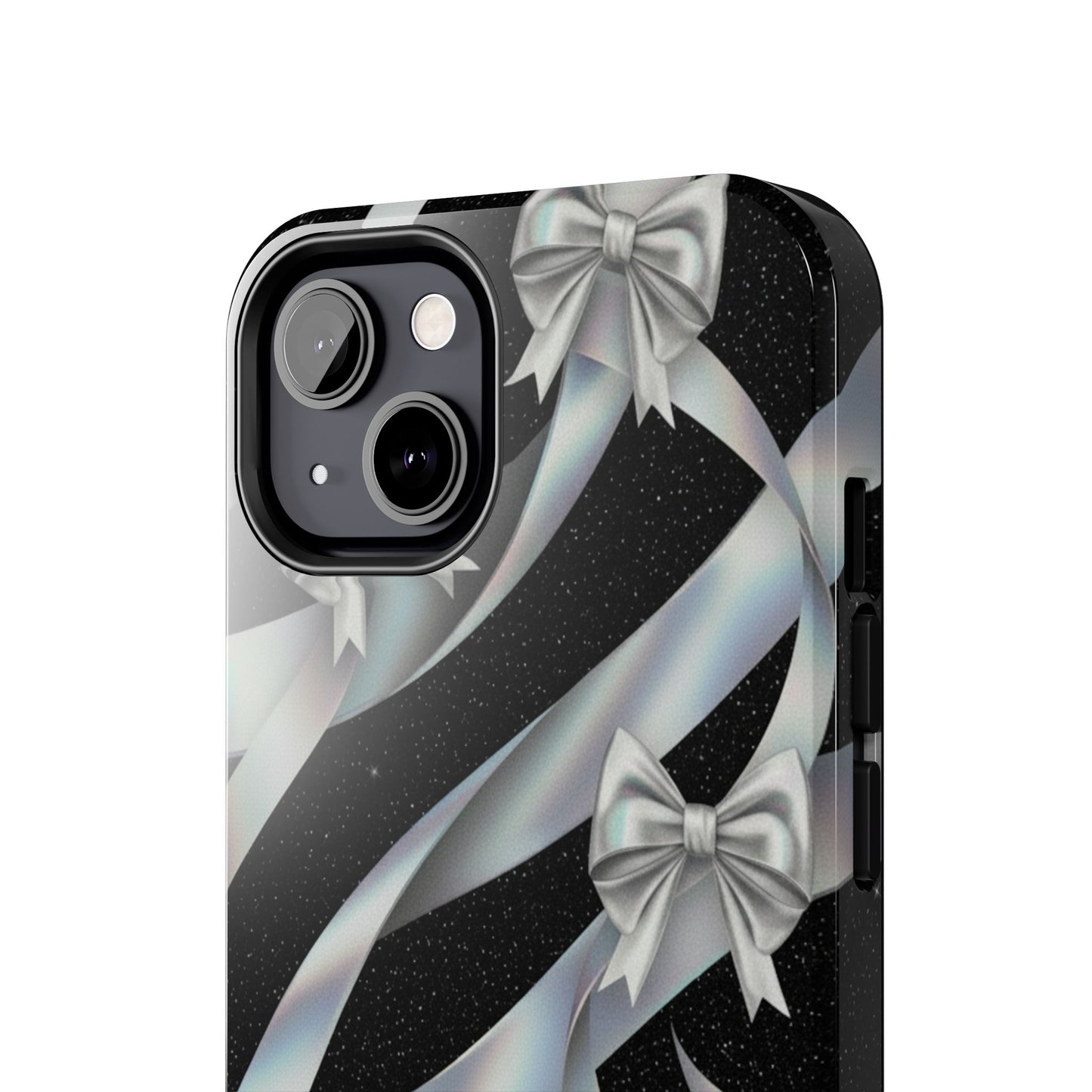 Silver Ribbon Bow Tough Phone Case — Glitter Black Protective Phone Case