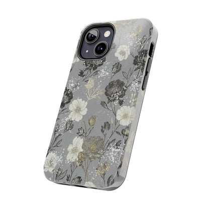 Floral Gray Tough Phone Case — Elegant Protective Phone Cover with Gold Accent