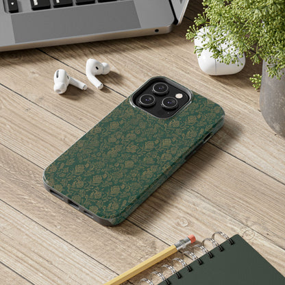 Vintage Floral Tough Phone Case — Green Damask Protective Cover