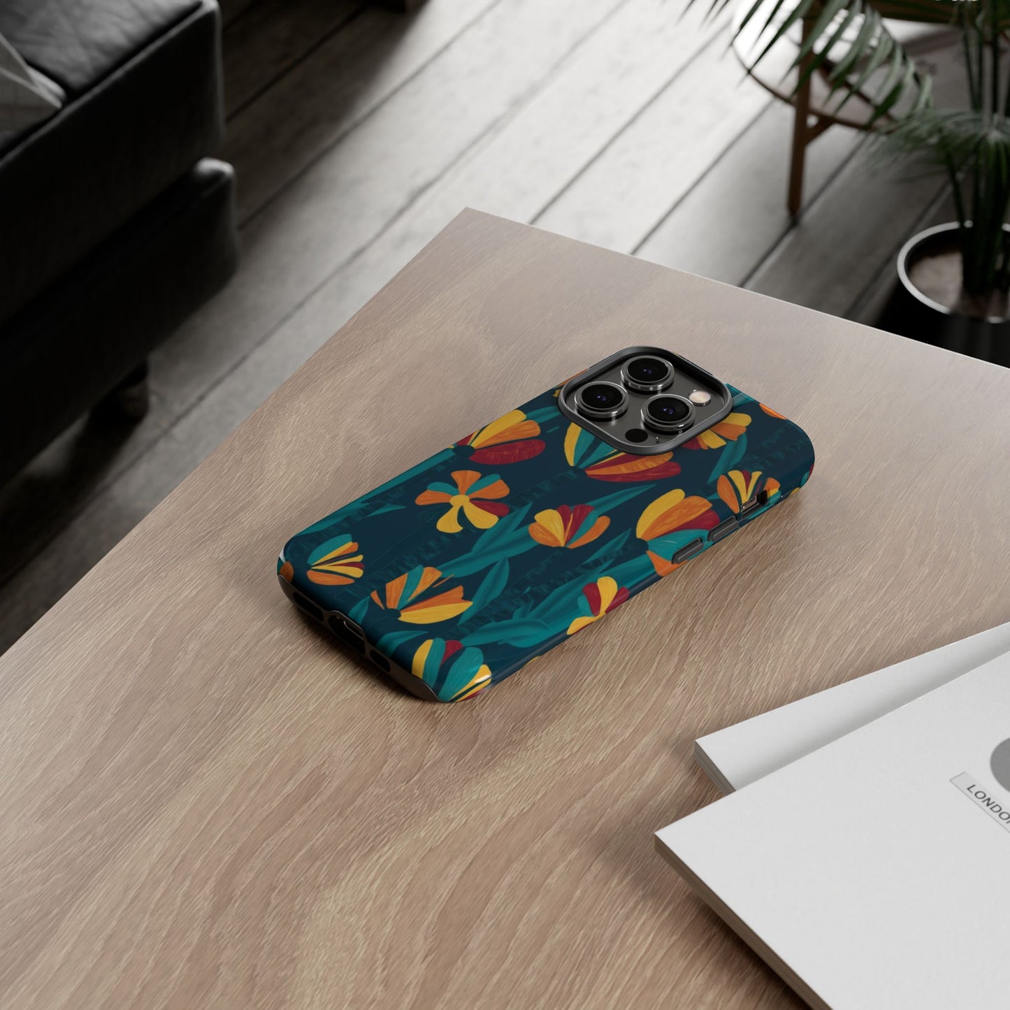 Floral Retro Teal Tough Phone Case — Vibrant Orange & Mustard Blooms