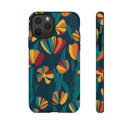 Floral Retro Teal Tough Phone Case — Vibrant Orange & Mustard Blooms