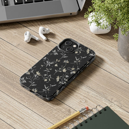 Floral Noir Tough Phone Case — Vintage Black Botanical Protective Cover