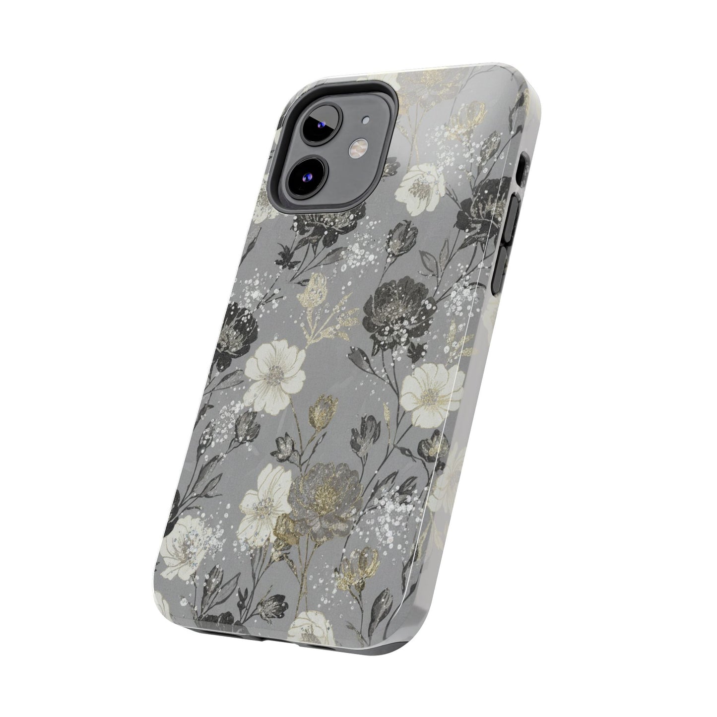 Floral Gray Tough Phone Case — Elegant Protective Phone Cover with Gold Accent