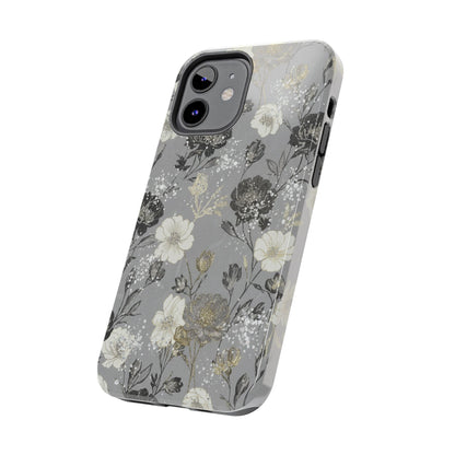 Floral Gray Tough Phone Case — Elegant Protective Phone Cover with Gold Accent