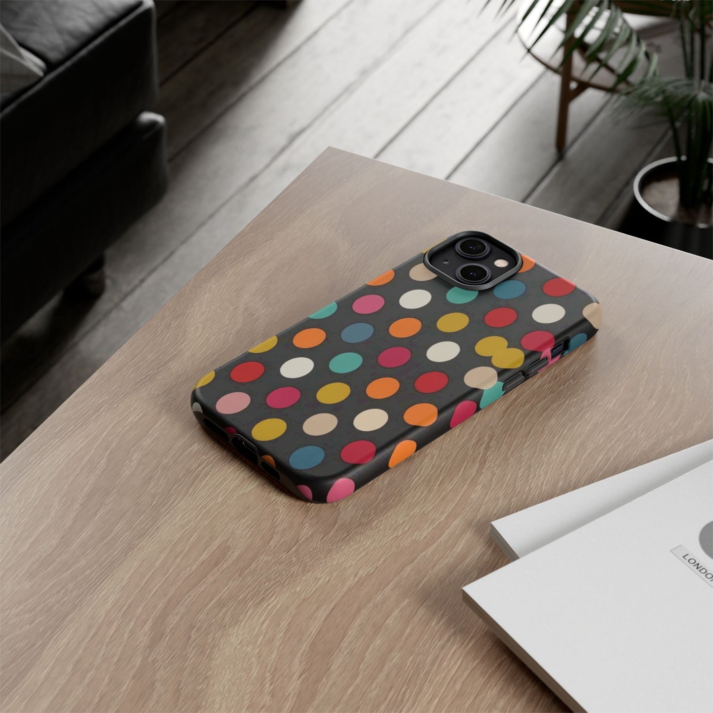 Polka Dot Tough Phone Case – Colorful Retro Dots on Black