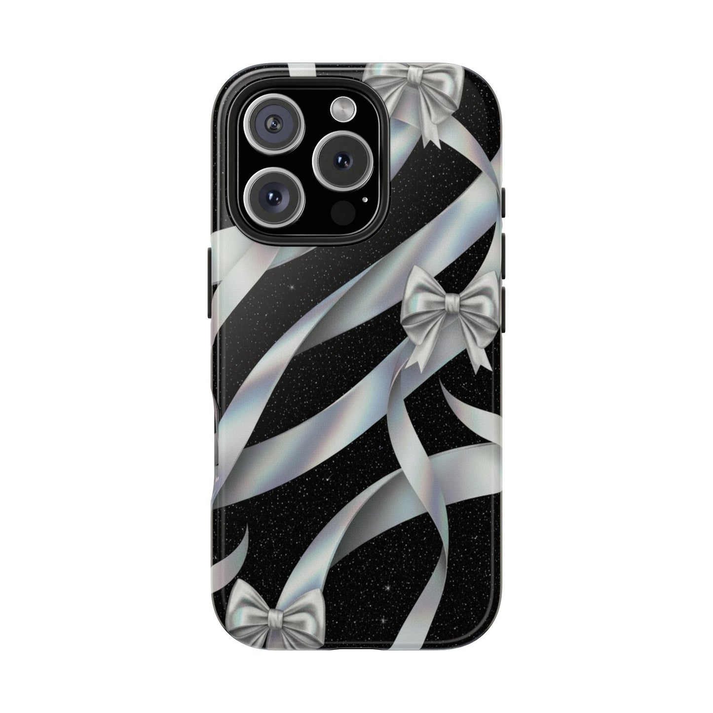 Silver Ribbon Bow Tough Phone Case — Glitter Black Protective Phone Case