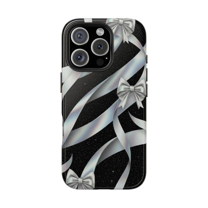 Silver Ribbon Bow Tough Phone Case — Glitter Black Protective Phone Case