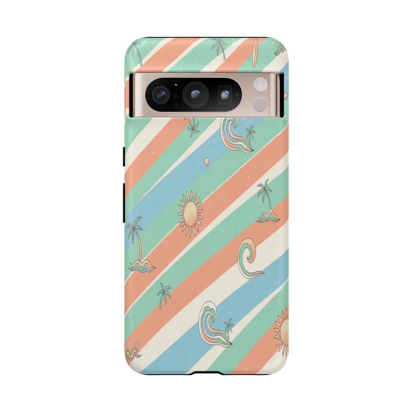 Retro Beach Stripes Phone Case — Sun, Waves & Palm Pattern Tough Case