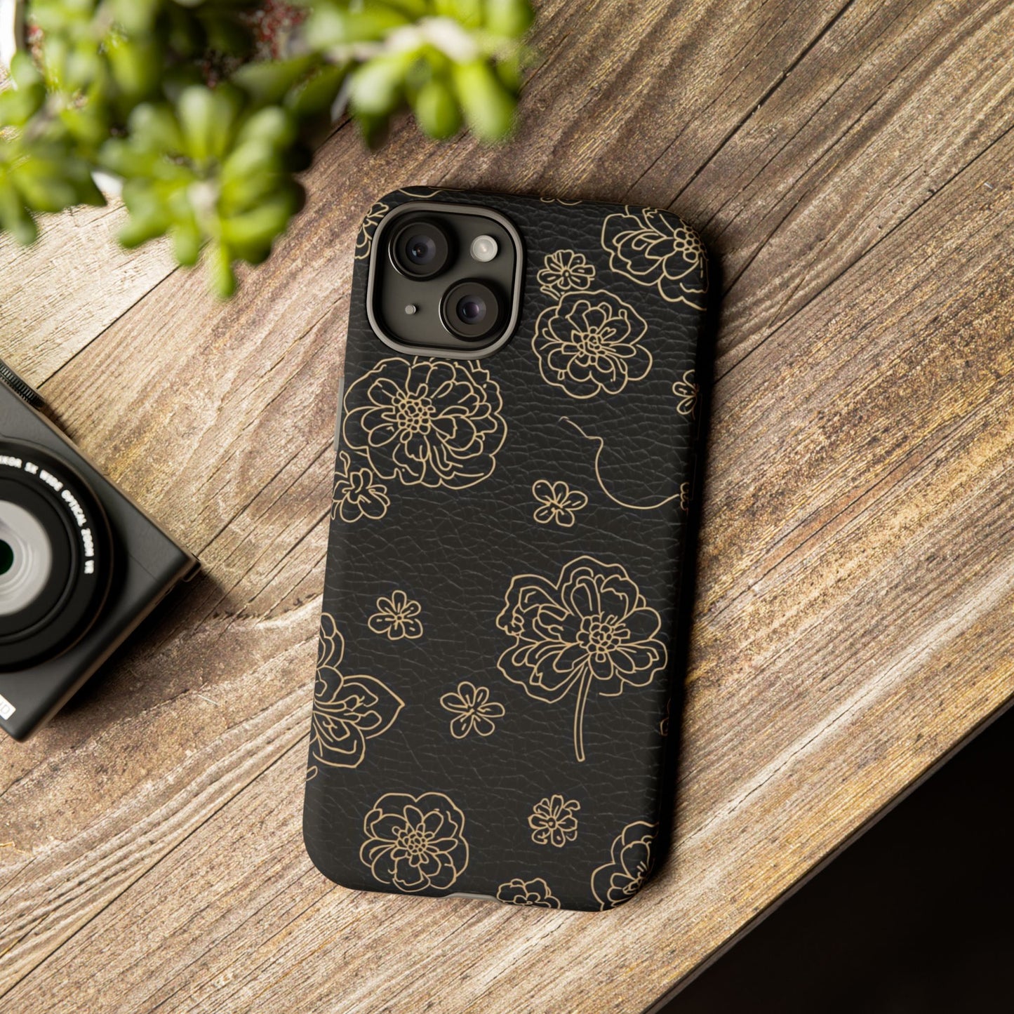 Floral Leather-Texture Tough Case – Black Gold Outline Phone Cover