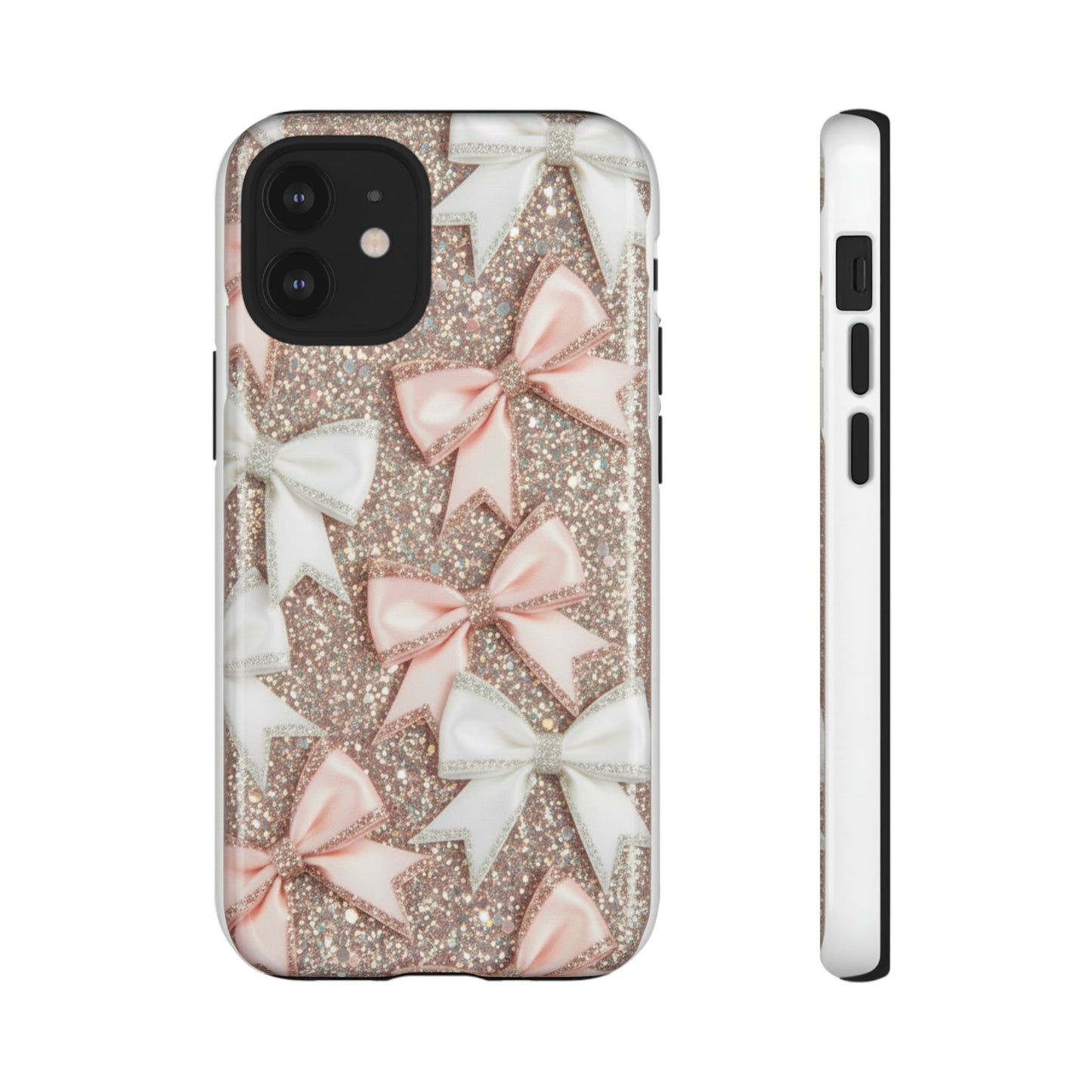 Glitter Bow Tough Phone Case — Pink & White Ribbon Protective Cover