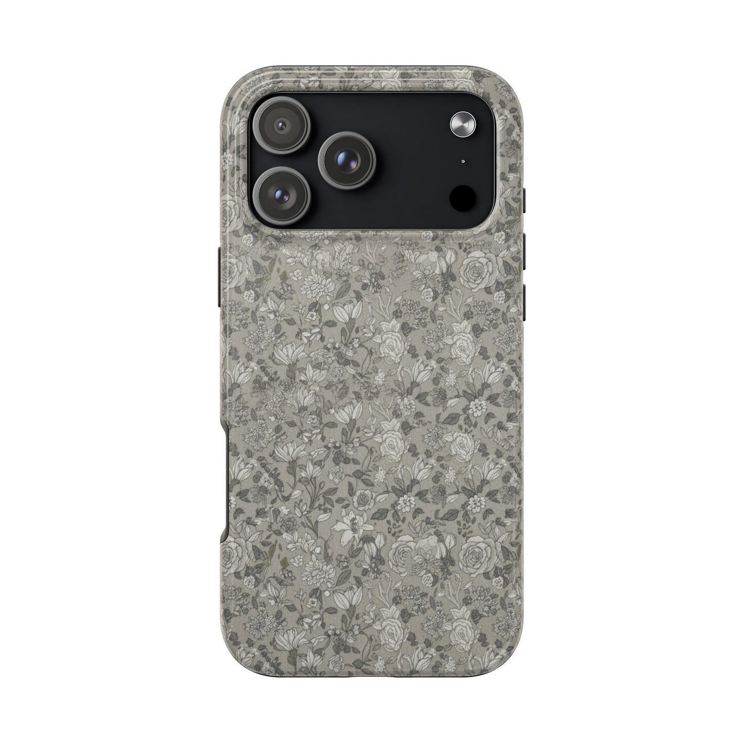 Gray Floral Tough Phone Case — Durable Protective Phone Cover with Vintage Botanical Pattern