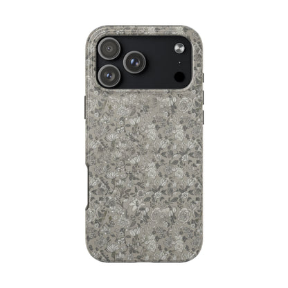 Gray Floral Tough Phone Case — Durable Protective Phone Cover with Vintage Botanical Pattern