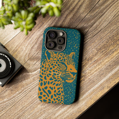 Leopard Print Tough Phone Case — Gold Panther on Teal, Protective iPhone Cover