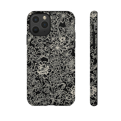 Floral Doodle Tough Phone Case — Black & White Sketch Flower Protective Cover
