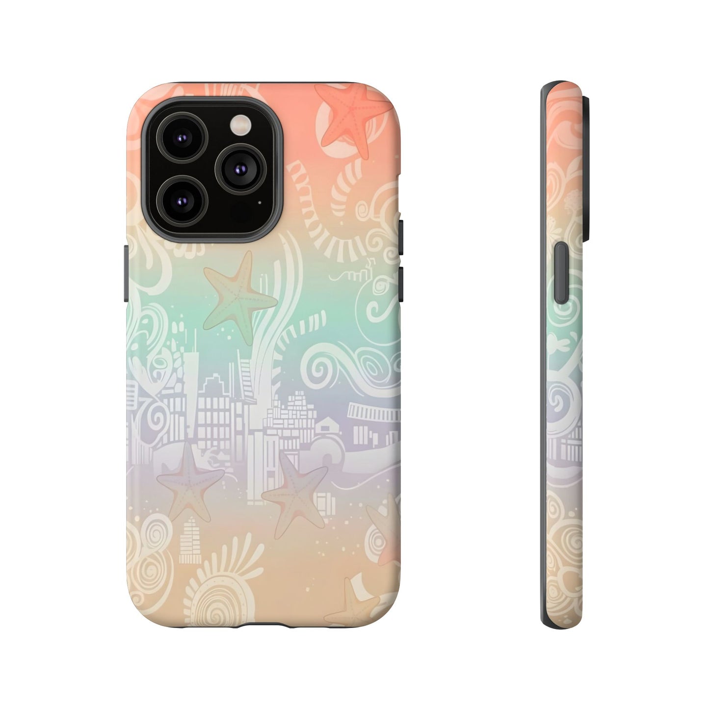 Tough Cases: Pastel Beach Pattern Phone Case — Starfish & Coastal Cityscape Protective Cover