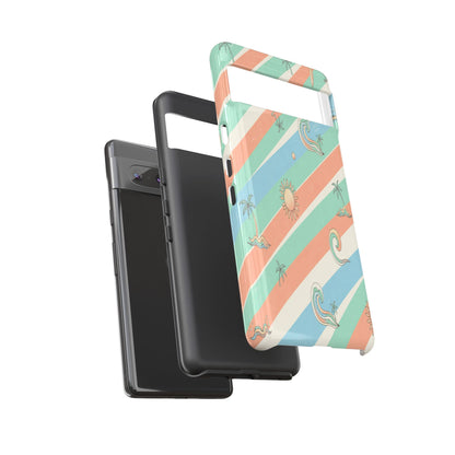 Retro Beach Stripes Phone Case — Sun, Waves & Palm Pattern Tough Case