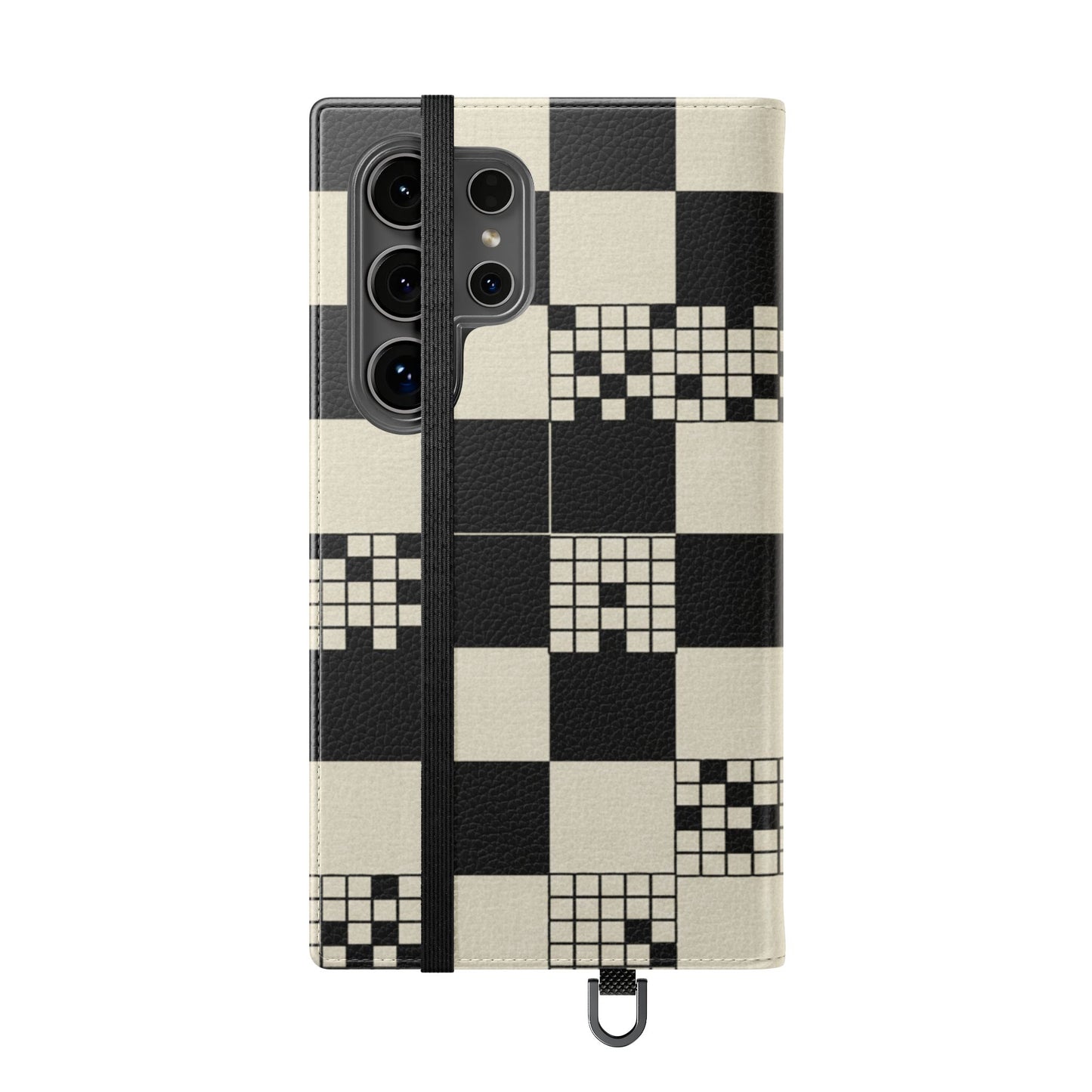 Checkerboard Flip Phone Case – Retro Black & Cream Geometric Wallet Case